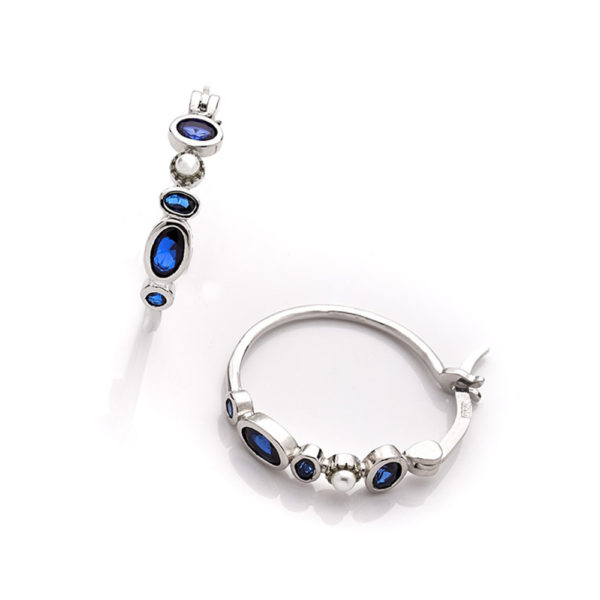 pendientes argollas de plata 4 piedras azul y perla