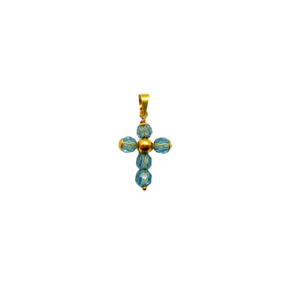 Cruz de oro con cinco piedras celestes y bola de oro