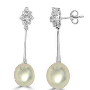 Pendientes de oro cuajo diamantes barra perla