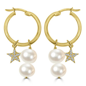 Pendientes de Plata chapados en Oro con aro, dos perlas  y estrella con circonitas