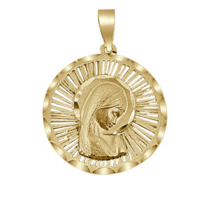 Medalla de oro amarillo de 18k de la Virgen Niña de 18 mm con rayas caladas