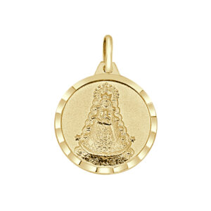 Medalla de oro amarillo de 18k redonda de Virgen del Rocío con bisel lapidado, 18 mm
