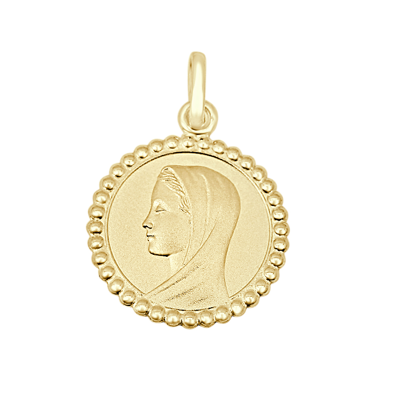 Medalla de oro amarillo de 18k con Virgen María y bisel bolitas, 20 mm