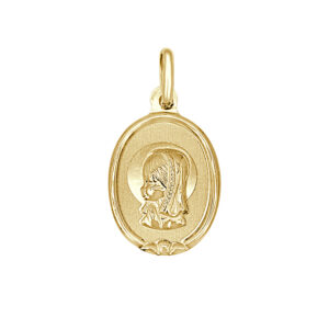 Medalla de oro amarillo de 18k con forma oval y Virgen Niña. Tamaño 16 x 12 mm