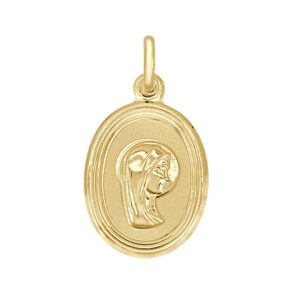 Medalla de oro amarillo de 18k con form oval Y Virgen Niña con bisel gayoneado. 18 x 14 mm