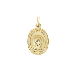 Medalla de oro amarillo de 18k oval con Virgen Niña y doble filo. Tamaño 18,5 x 14 mm